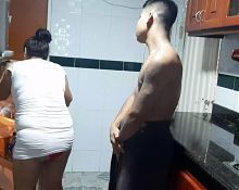 My stepmom sucks my dick in the kitchen while no one else is home